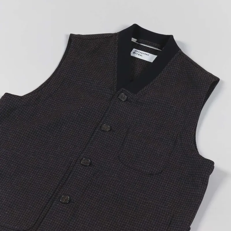 Universal Works Brixton Waistcoat Brown Dogtooth Wool Mix-2